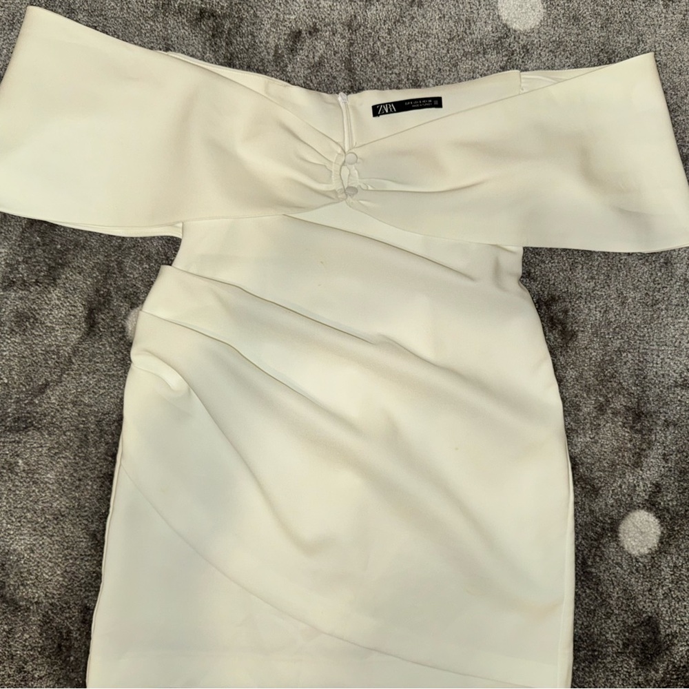 Zara Cream Off-Shoulder Draped Bodycon Dress